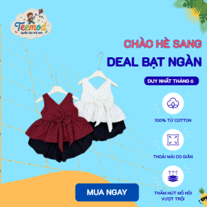 Đồ hè cho bé gái TEEMOOD – set váy bé gái 650g chấm bi phối nơ cùng chân váy bí phồng cực xinh, chất liệu mềm mại thoáng mát, phù hợp cho bé từ 8–26kg mặc đi chơi, chụp ảnh và dự tiệc.