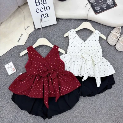 Đồ Hè Cho Bé Gái TEEMOOD – Set Váy Bé Gái Chấm Bi Kèm Nơ Mix Chân Váy Bí Phồng Cực Xinh